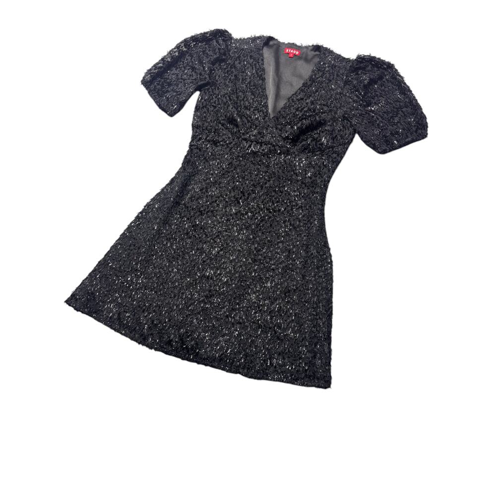 Staud Mini Dress Womens 8 Black Textured Tinsel Fringe Puff Sleeve Lined Modern - Picture 4 of 11
